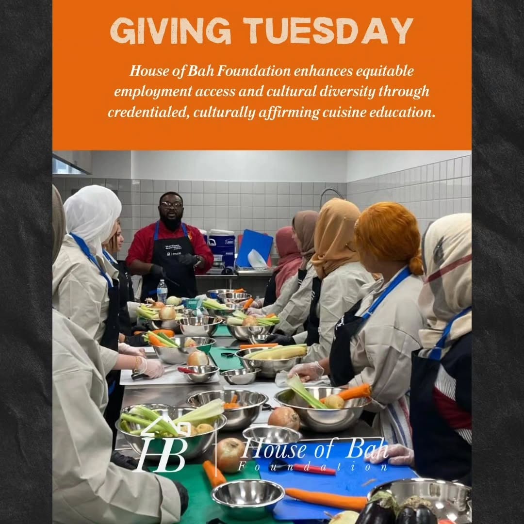 We are committed to normalizing culturally affirming cuisines one bite  at time 🥘
At House of Bah Foundation, we believe that we are only truly diverse when the food on the plate looks like the community that we live in. As you are unwinding on this #givingtuesday evening, lend a hand to an organization that enhances equitable employment access and cultural diversity through credentials culinary training. Your support opens doors and helps bridge gaps in our community. 
#givingtuesday #eatntalkafrica #houseofbahfoundation